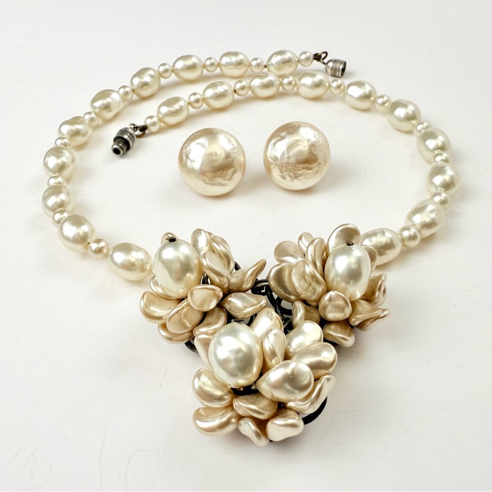Vintage Louis Rousselet French Glass Pearl Floral Choker Necklace Earring Parure